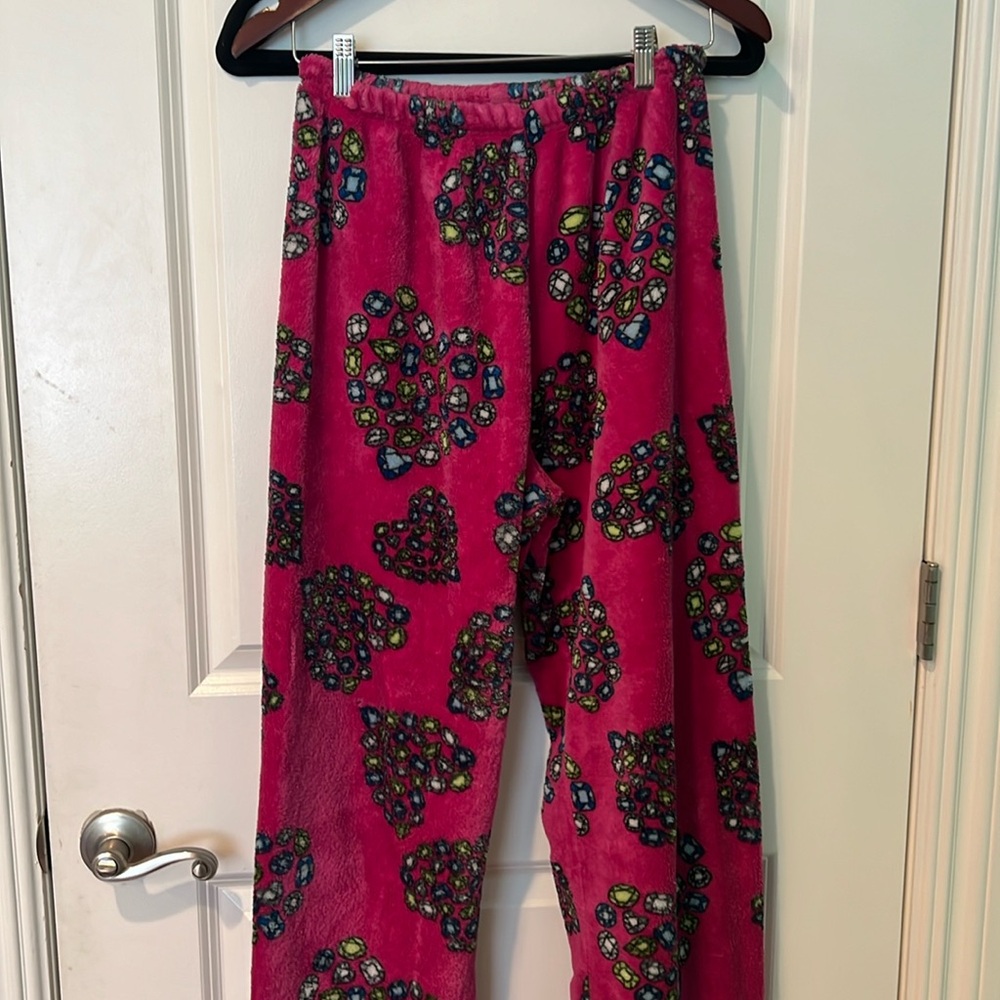 Fuzzy jeweled heart pajama pants
